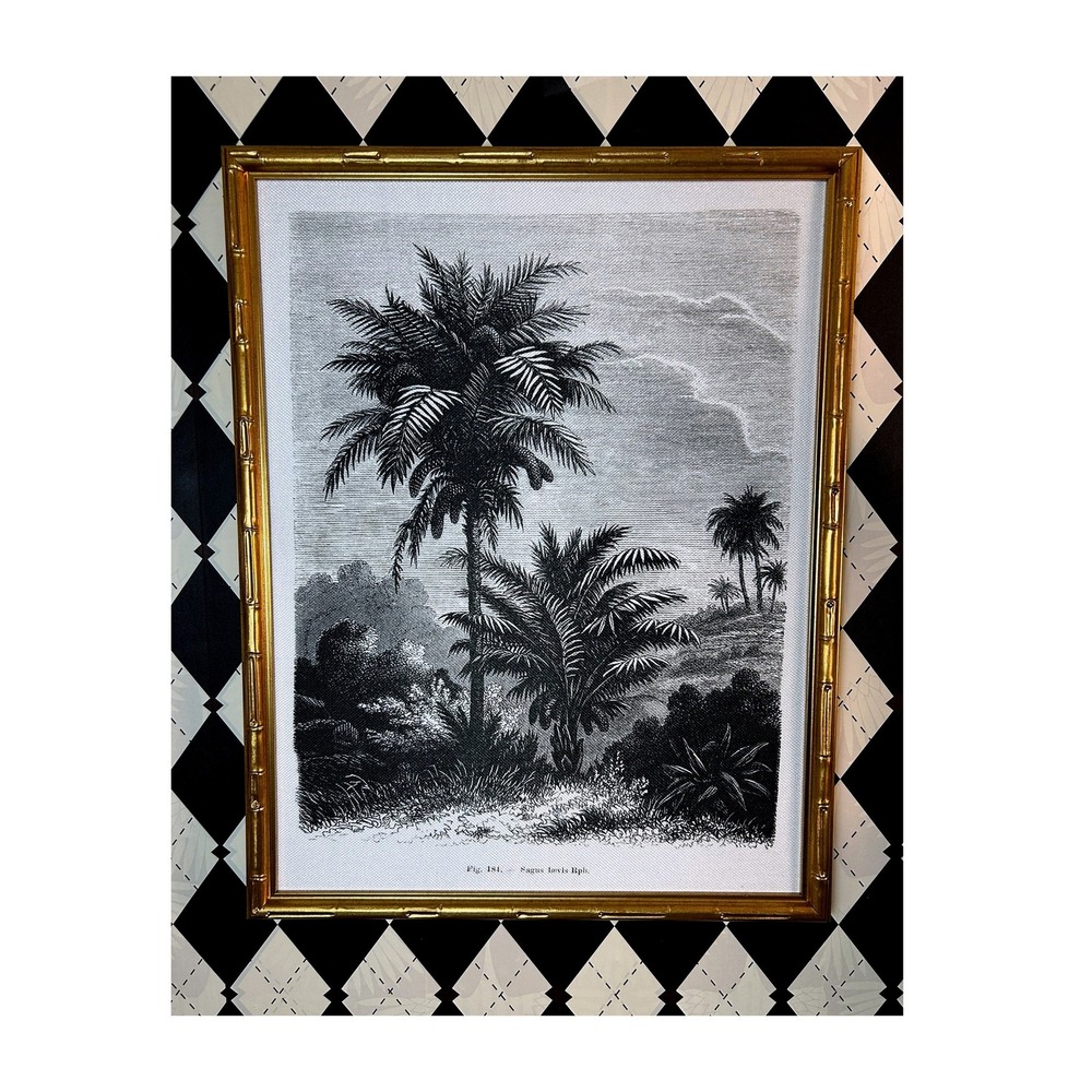 Large Framed Sagus Laevis Palm Botanical Print Gold Faux Bamboo Frame 27x22